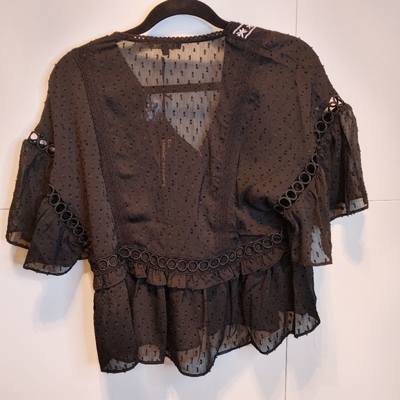 Boho Embroidered Peplum Blouse NWT Sheer Swiss Dot Black Top - Picture 9 of 11